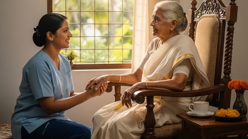Compassionate nurse showing kindness and respect while caring for elderly patient in Kerala home