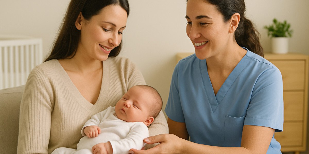 Professional maternal care nurse with baby